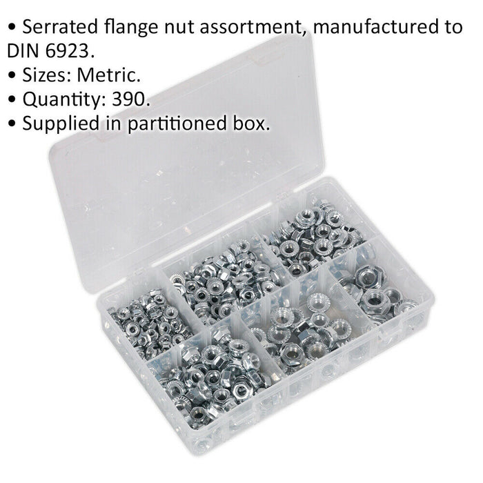 390 Piece Serrated Flange Nut Assortment - M5 to M12 - Partitioned Storage Box Loops