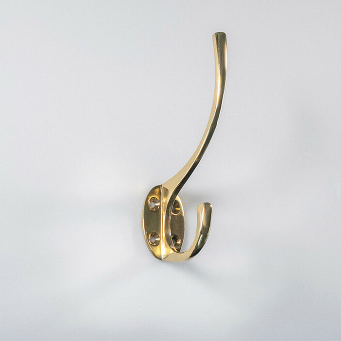Victorian Hat & Coat Hook on Oval Backplate 64mm Projection Polished Brass Loops
