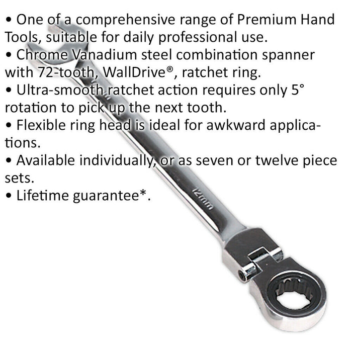 12mm Flexible Ratchet Combination Spanner - Flexible Ring Head - Chrome Vanadium Loops