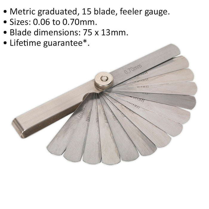 15 Blade Feeler Gauge - 0.06mm to 0.70mm - 75 x 13mm Blades - Metric Graduated Loops