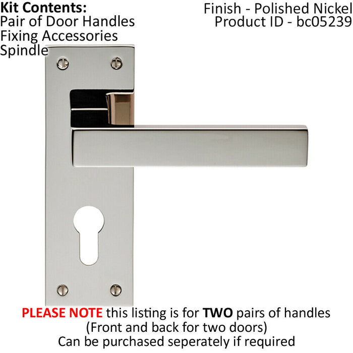 2x PAIR Straight Square Lever on Euro Lock Backplate 150 x 50mm Polished Nickel Loops