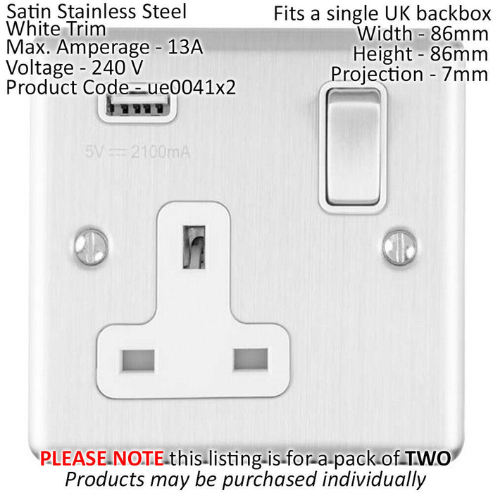 2 PACK 1 Gang Single UK Plug Socket & 2.1A USB SATIN STEEL & White 13A Switched Loops