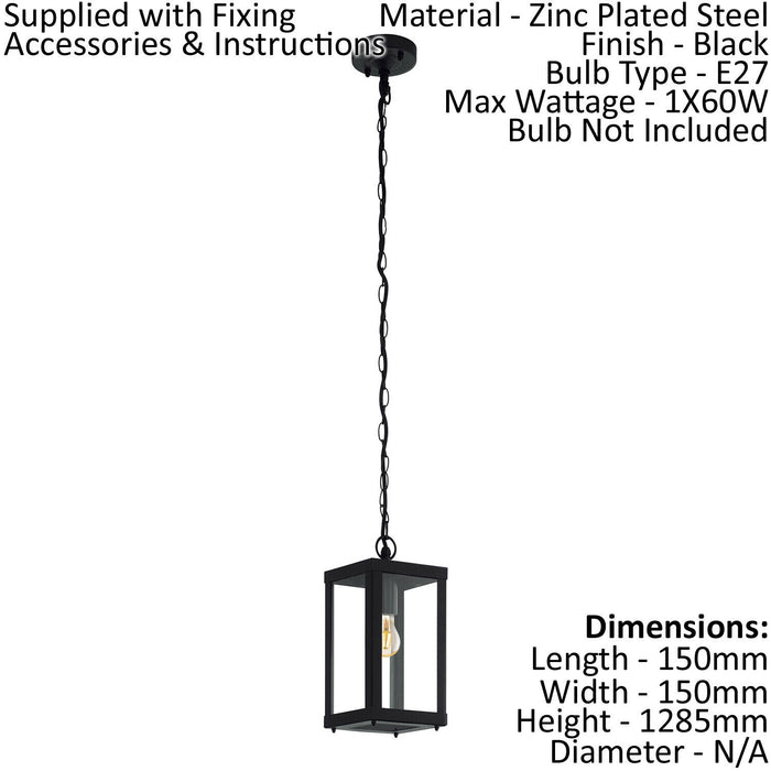 IP44 Outdoor Pendant Light Black Box Lantern & Chain 1 x 60W E27 Bulb Loops