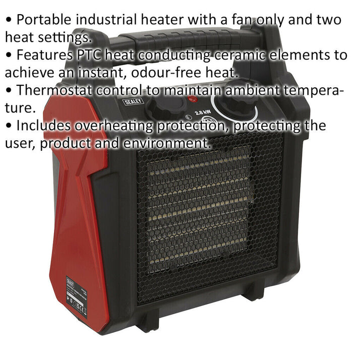 2800W Industrial Ceramic Fan Heater - 2 Heat Settings - Thermostat Control Loops
