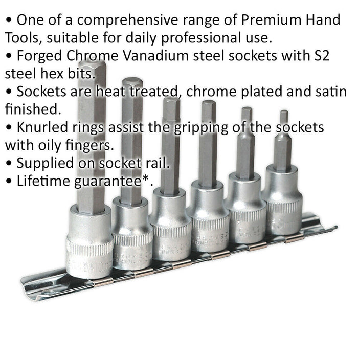 6 PACK Hex Socket Bit Set - 3/8" Square Drive - 3mm to 10mm Long Allen Male Bits Loops