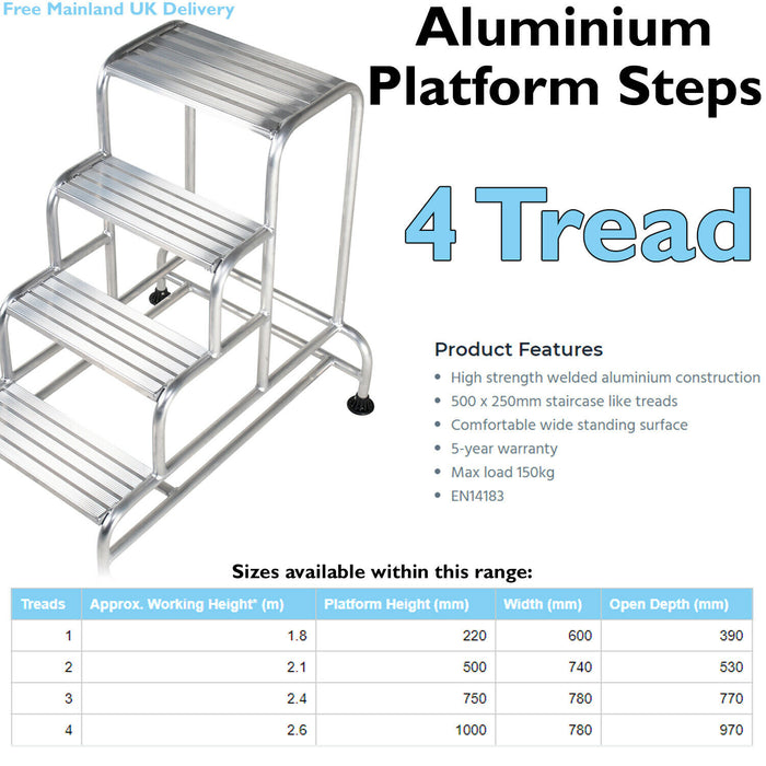 1m Tall Stable Steps Sturdy Aluminium Frame 500mm Wide 4 Tread Step Ladder Loops
