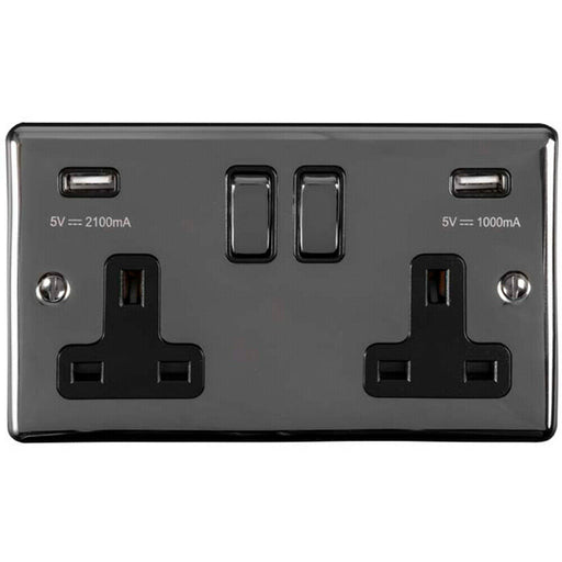 2 Gang Single UK Plug Socket & Dual 2.1A USB BLACK NICKEL & Black 13A Switched Loops