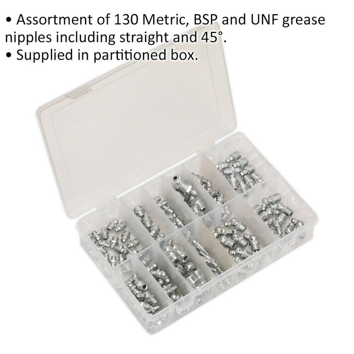 130 Pc Grease Nipple Assortment - Straight & 45 Degree - Metric BSP & UNF Loops