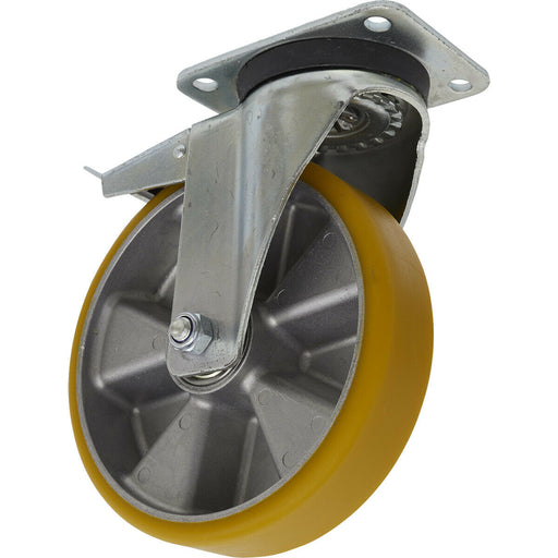 200mm Swivel Plate Castor Wheel - 50mm Tread - Aluminium & PU - Total Lock Brake Loops