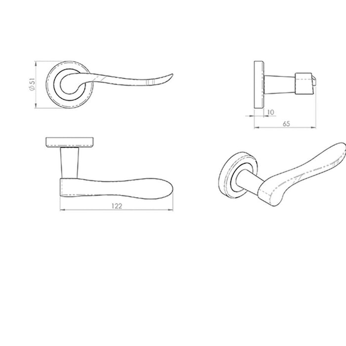 Door Handle & Latch Pack Antique Brass Scroll Lever Screwless Round Rose Loops