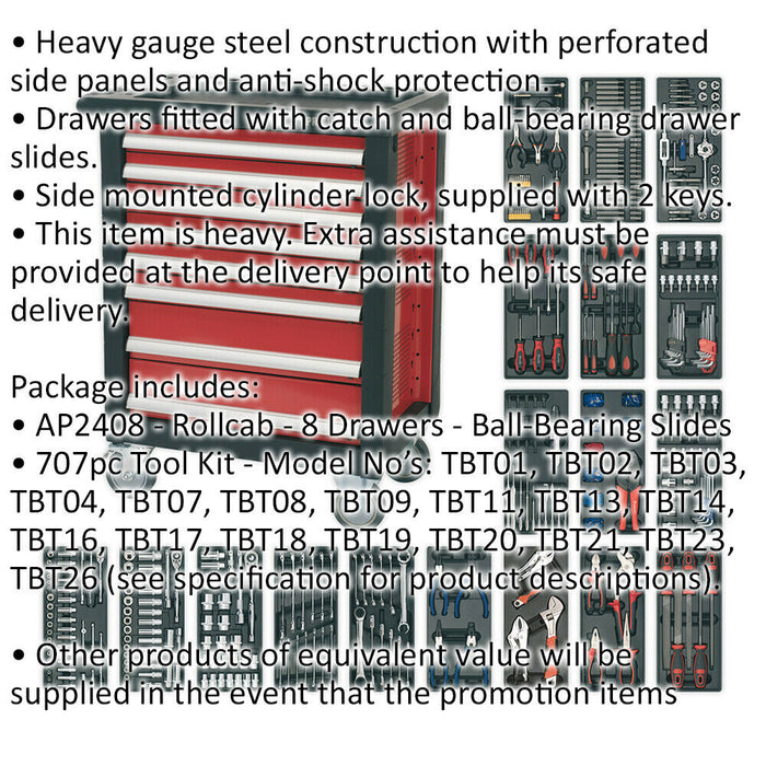 8 Drawer Rollcab with 707 Piece Tool Kit - Ball Bearing Slides - Cylinder Lock Loops