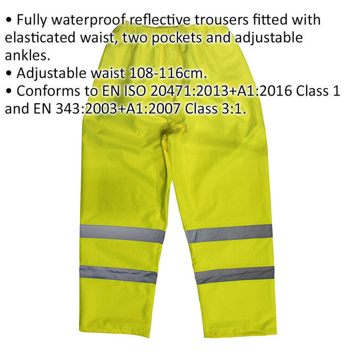 MEDIUM Yellow Hi-Vis Waterproof Trousers - Elasticated Waist Adjustable Ankles Loops