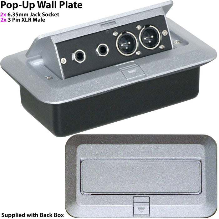 PRO 2 Gang Pop Up Wall Floor Plate & Back Box 2x 6.35mm & Dual XLR Male Outlet Loops