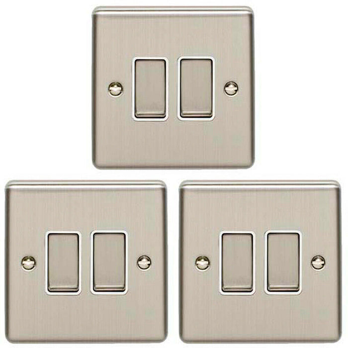 3 PACK 2 Gang Double Metal Light Switch SATIN STEEL 2 Way 10A White Trim Loops