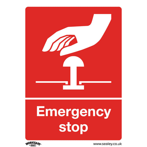 1x EMERGENCY STOP Health & Safety Sign - Self Adhesive 75 x 100mm Sticker Loops