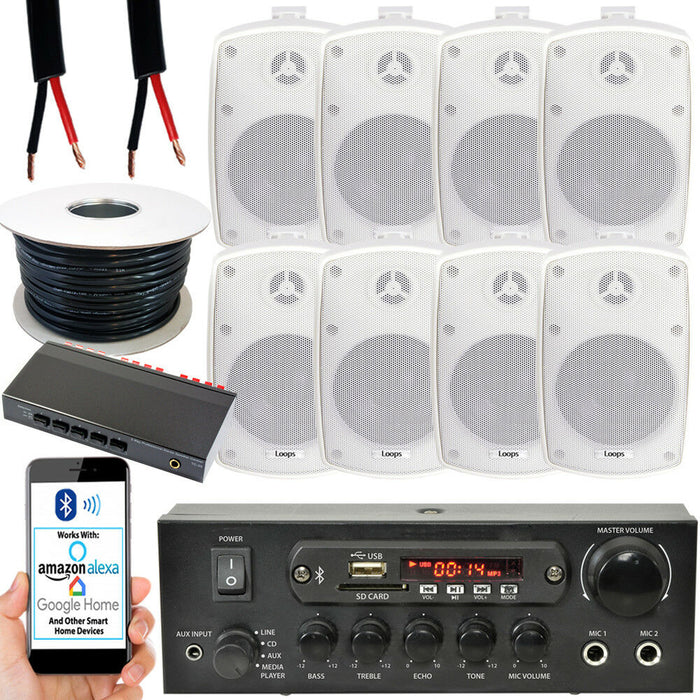 4 Zone Bluetooth Kit 8x 60W Outdoor White Speakers Stereo Amplifier Garden BBQ