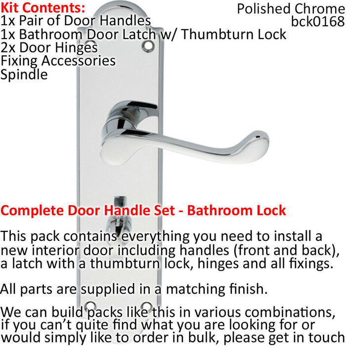 Door Handle & Bathroom Lock Pack Chrome Victorian Scroll 205 x 49mm Backplate Loops