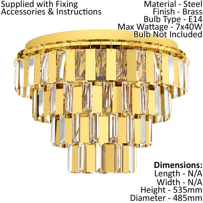 Flush Ceiling Light Colour Brass Shade Tiered Clear Crystals Bulb E14 7x40W Loops