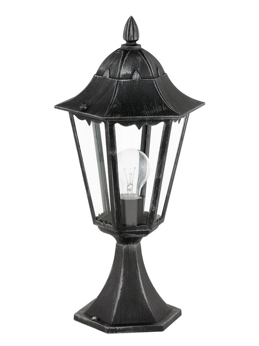 IP44 Outdoor Pedestal Light Black & Silver Patina Lantern 1 x 60W E27 Bulb Loops