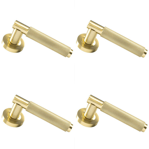 4x PAIR Knurled Grip Round Bar Handle on Round Rose Concealed Fix Satin Brass Loops