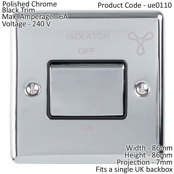 6A Extractor Fan Isolator Switch CHROME & Black Trim 3 Pole Shower Loops