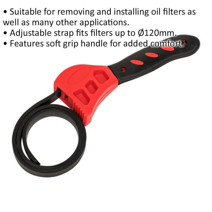 120mm Adjustable Strap Wrench - Soft Grip Handle - Oil Filter Removal Strap Loops