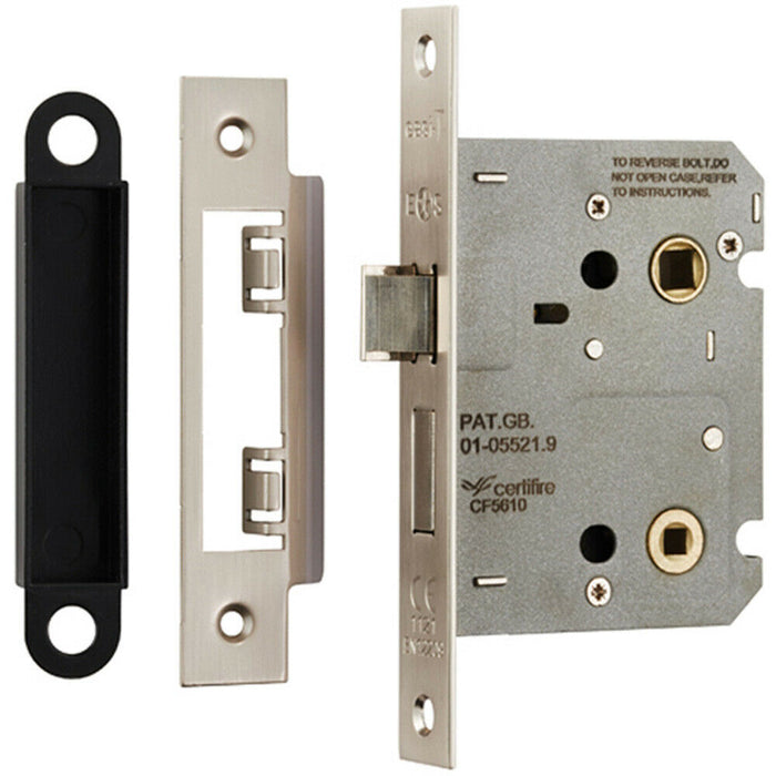 Door Handle & Bathroom Lock Pack Satin Steel Curved & Mitred Bar Backplate Loops