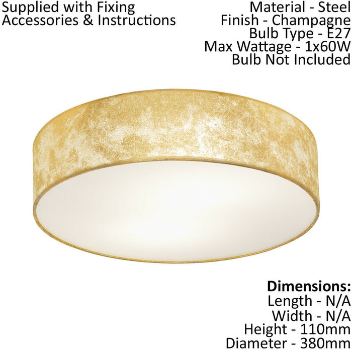 Low Ceiling Light & 2x Matching Wall Lights Gold Fabric Round Trendy Lamp Shade Loops