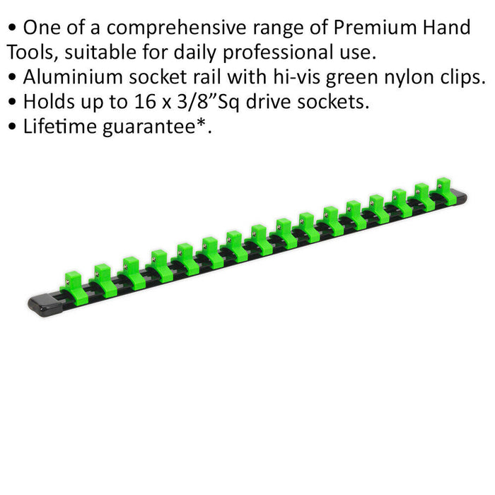 3/8" Square Drive Bit Holder - 16x Sockets - GREEN Retaining Rail Bar Storage Loops