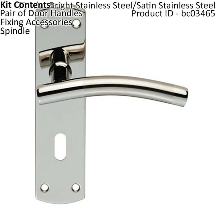 Curved Lever on Euro Backplate Door Handle 172 x 44mm Polished & Satin Steel Loops