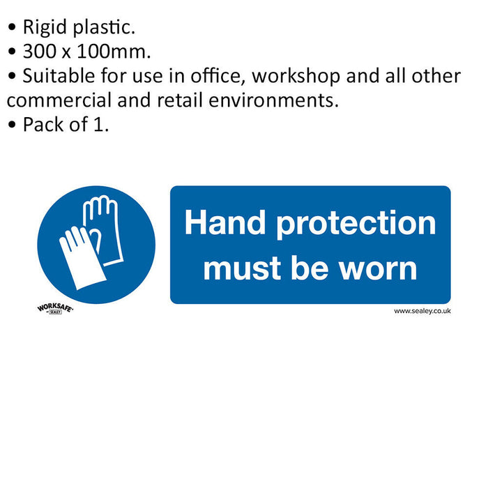 1x HAND PROTECTION MUST BE WORN Safety Sign - Rigid Plastic 300 x 100mm Warning Loops