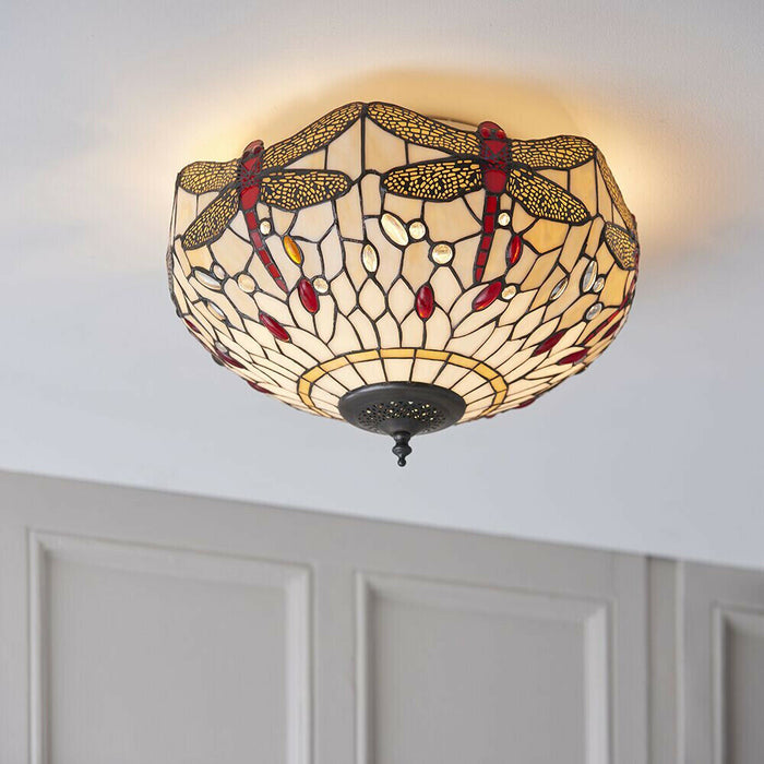 Tiffany Glass Semi Flush Ceiling Light Dragonfly Round Inverted Shade i00043 Loops