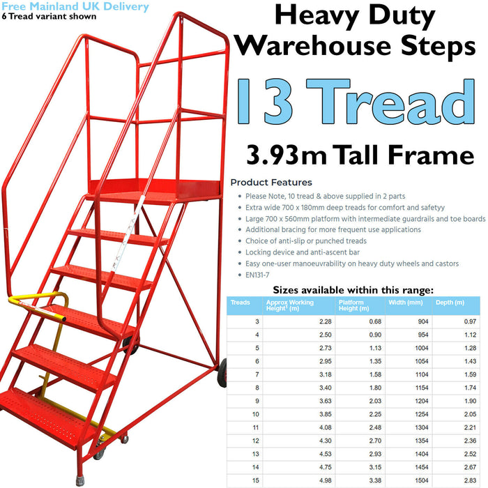 13 Tread HEAVY DUTY Mobile Warehouse Stairs Punched Steps 3.93m Safety Ladder Loops