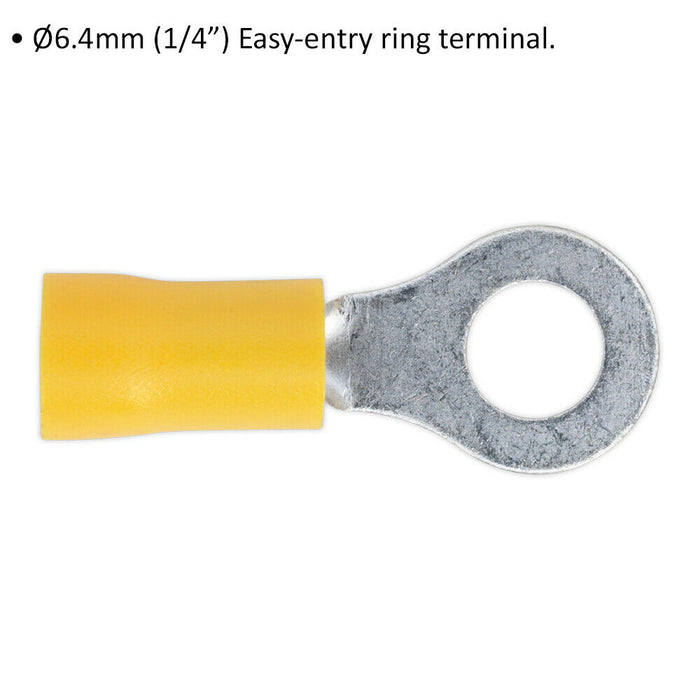 100 PACK Easy-Entry Ring Terminal - 6.4mm Dia - 12 to 10 AWG Cable - Yellow Loops