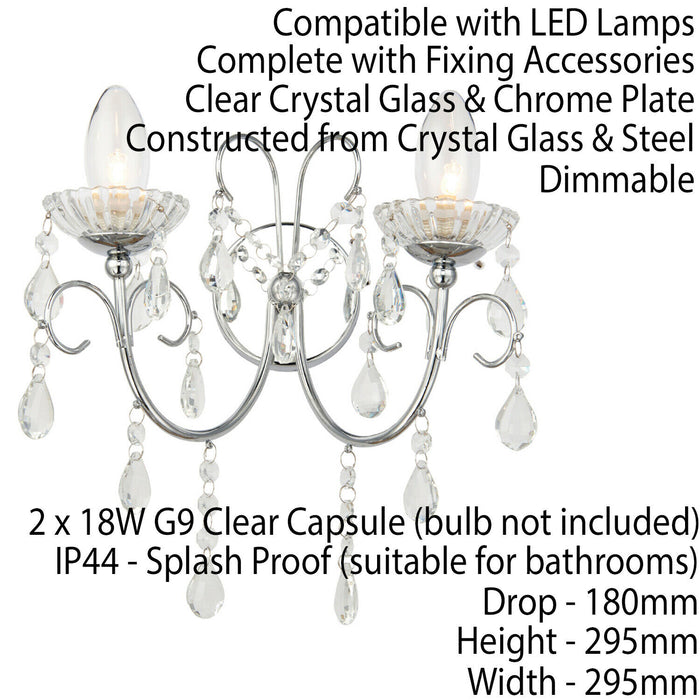 Bathroom Twin Wall Light Chrome & Hanging Crystal Glass Modern IP44 Dimmable Loops