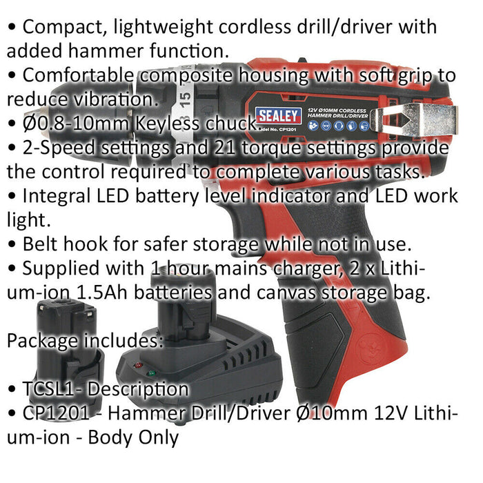 Cordless Hammer Drill Driver Kit - 12V 1.5Ah Lithium-ion Battery - 10mm Chuck Loops