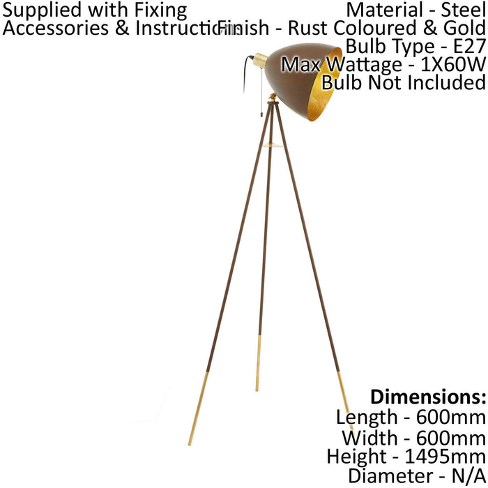 Tripod Floor Lamp Light Gold Leg & Rust Metal Dome Shade 1 x 60W E27 Bulb Loops