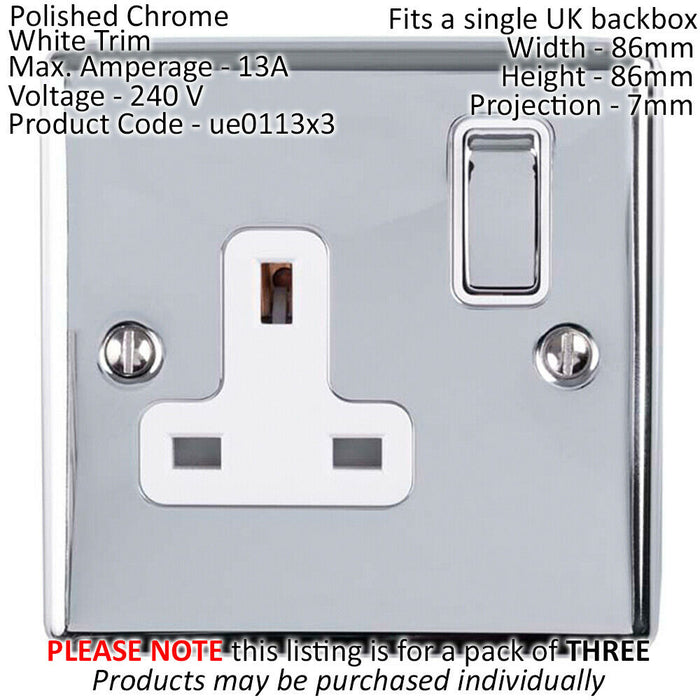 3 PACK 1 Gang Single UK Plug Socket POLISHED CHROME 13A Switched White Trim Loops