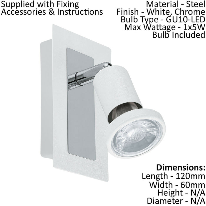 Wall Spot Light White & Chrome Back Plate & Shade Rocker Switch Bulb GU10 1x5W Loops