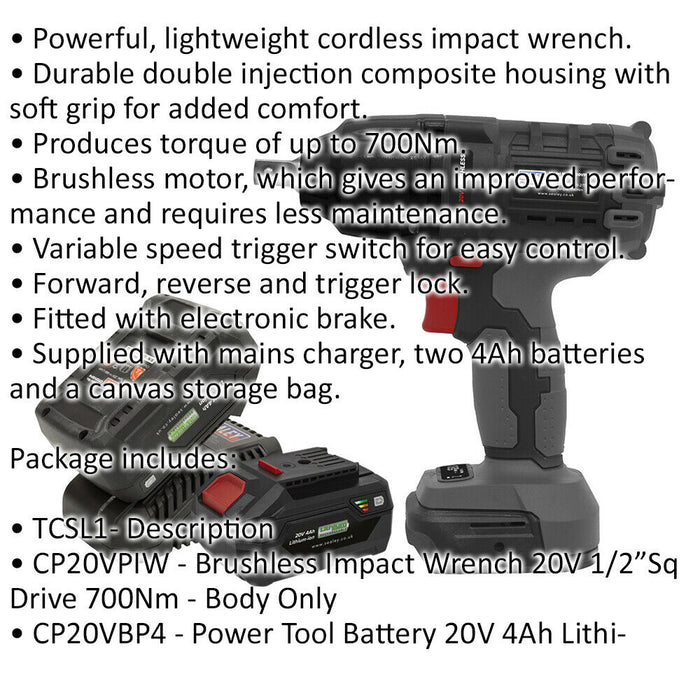 300Nm Cordless Brushless Impact Wrench & 2x Li-Ion Batteries - 1/2" Square Drive Loops