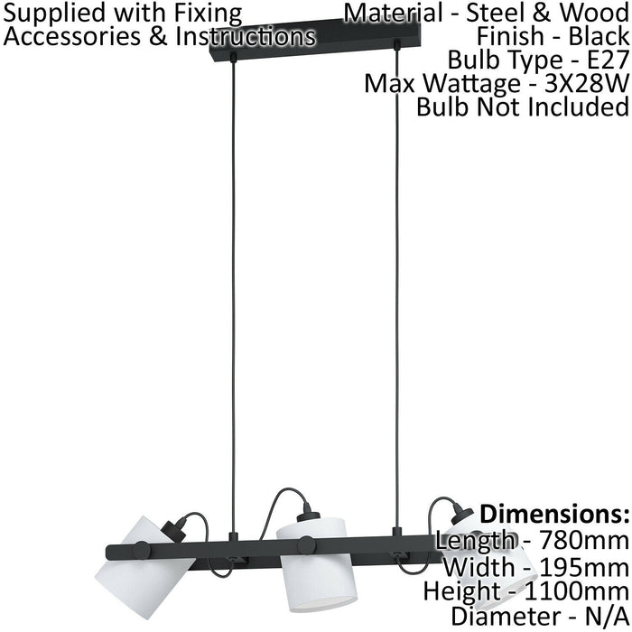 Ceiling Pendant Light & 2x Matching Wall Lights Black & White Adjustable Shade Loops