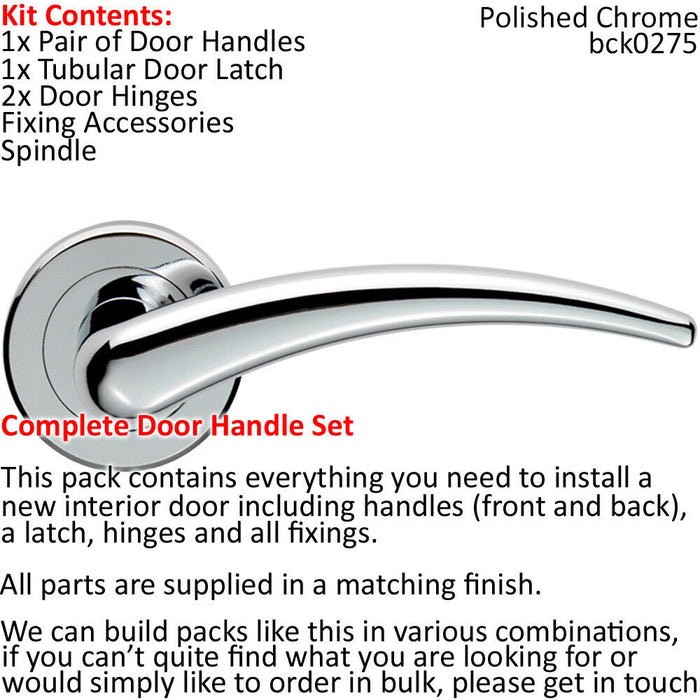 Door Handle & Latch Pack Chrome Modern Tapered Slim Bar Screwless Round Rose Loops