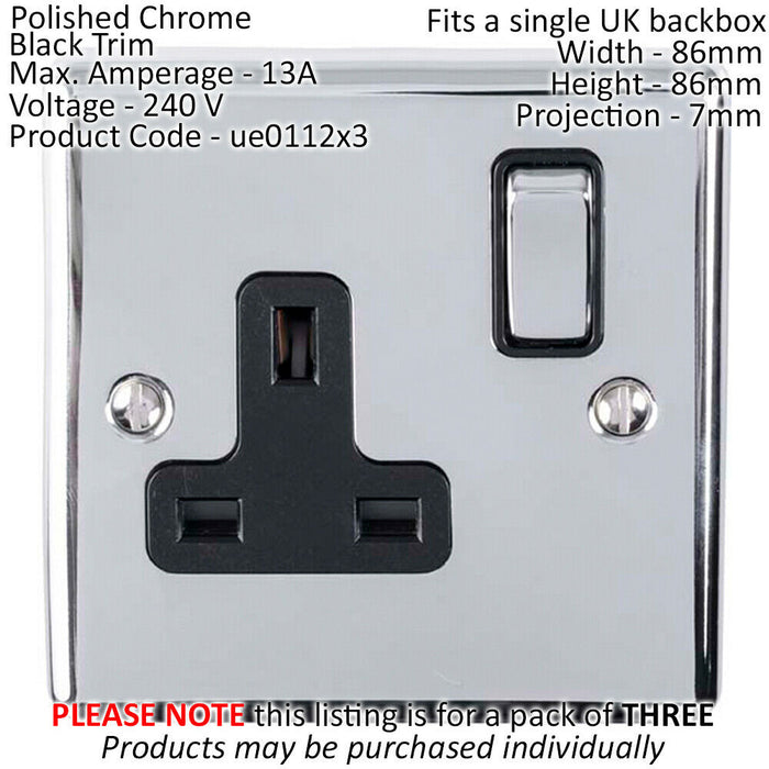 3 PACK 1 Gang Single UK Plug Socket POLISHED CHROME 13A Switched Black Trim Loops
