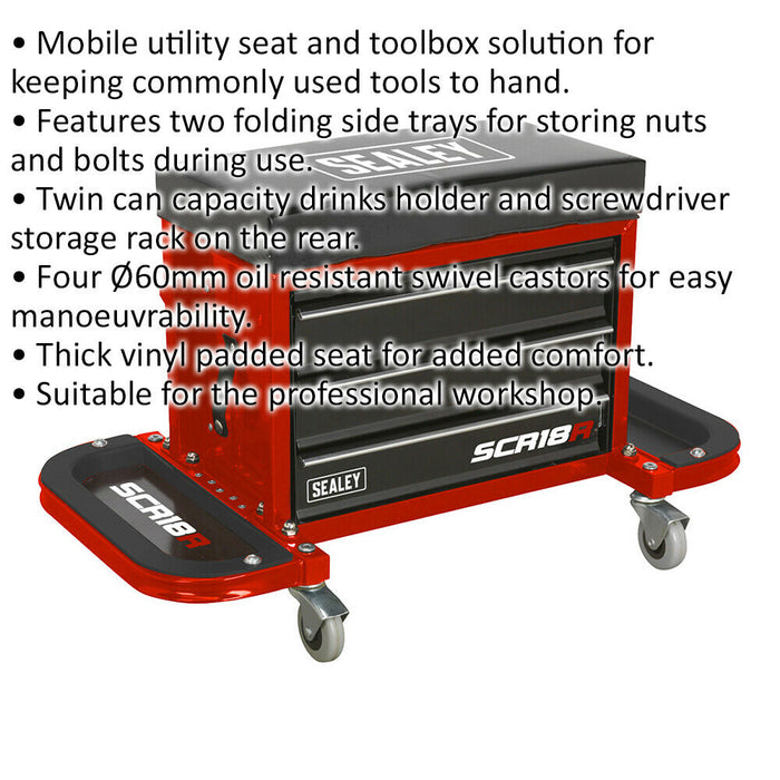 Mechanics Utility Seat & Toolbox - Folding Side Trays - 4 Swivel Castors - Red Loops