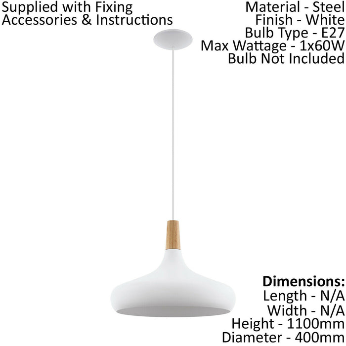 Pendant Ceiling Light Colour White Wide Shade Brown Wood Bulb E27 1x60W Loops