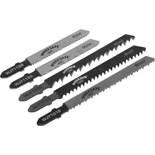 5 PACK - Assorted Jigsaw Blades - 75mm wood & Plastic - 55mm Steel & Sheet Metal Loops