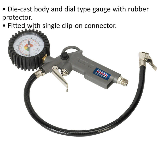 Tyre Air Inflator with Dial Gauge - Single Clip-on Connector - 1/4" BSP Loops