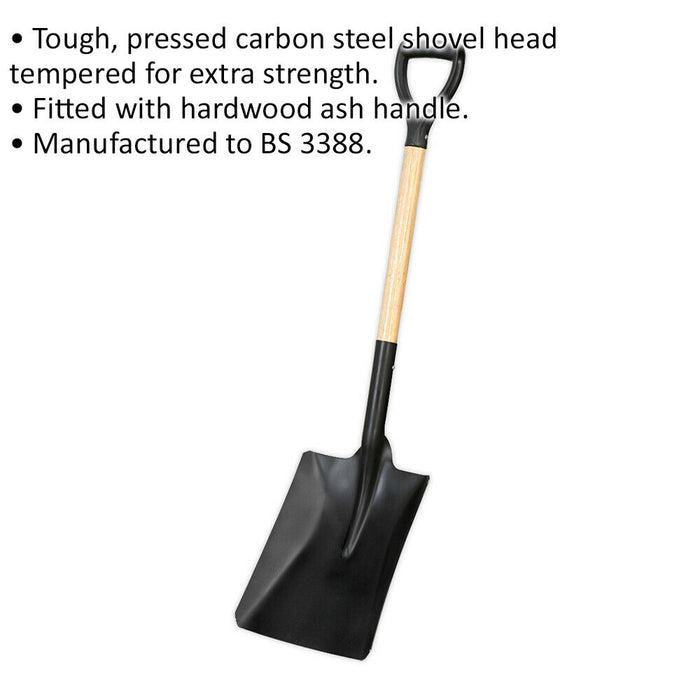 Pressed Carbon Steel Shovel - 710mm Hardwood Ash Shaft Handle - Tempered Head Loops