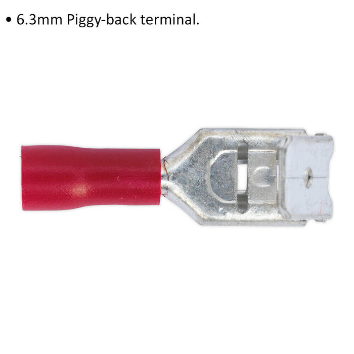 100 PACK 6.3mm Piggy-Back Terminal - Suitable for 22 to 18 AWG Cable - Red Loops