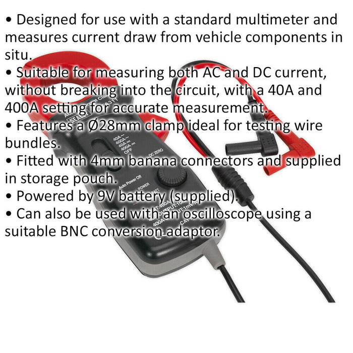 28mm AC/DC Current Clamp - 40A & 400A Settings - 4mm Banana Clips - 9V Battery Loops